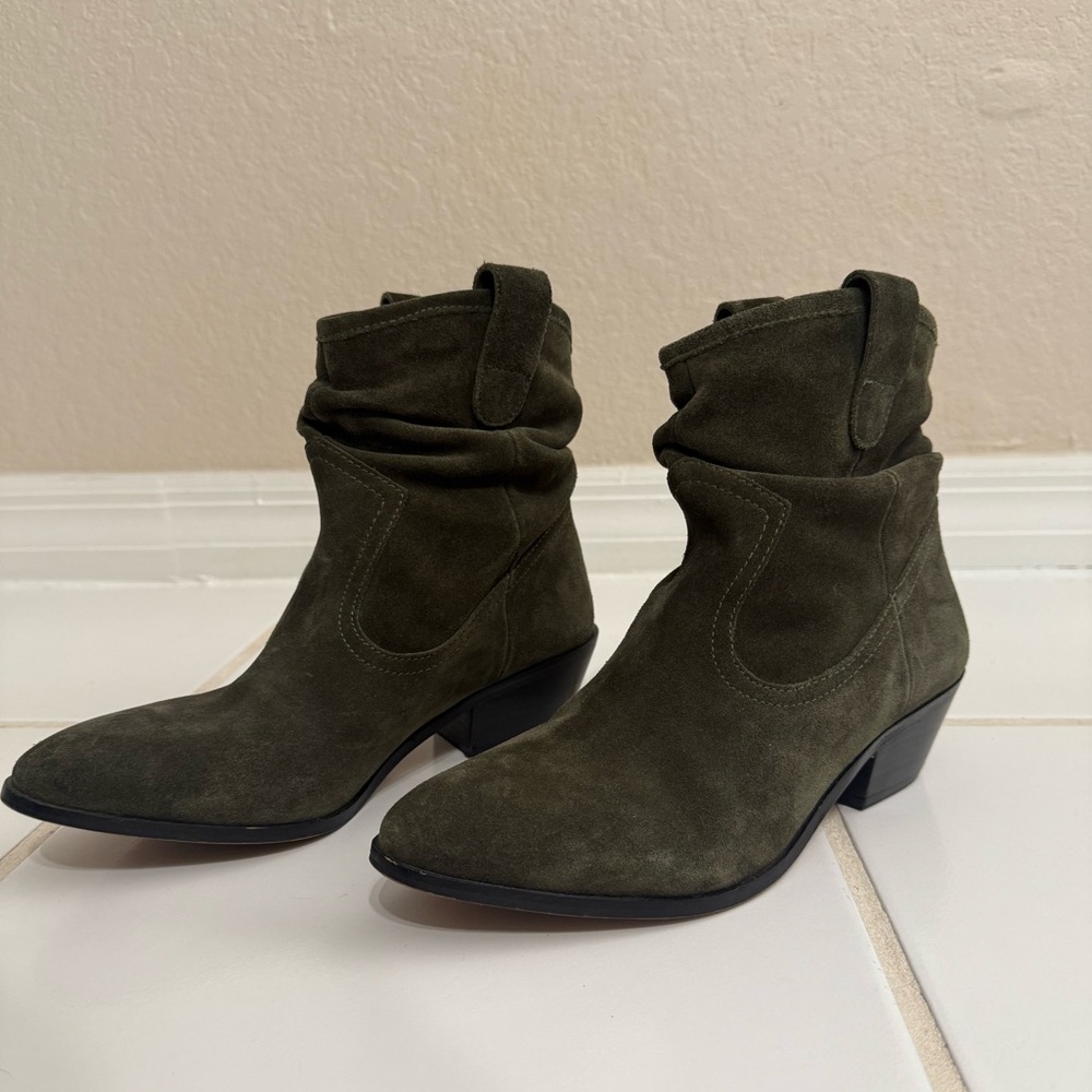 Anthropologie Olive Suede Scrunched Ankle Boots Sz 38